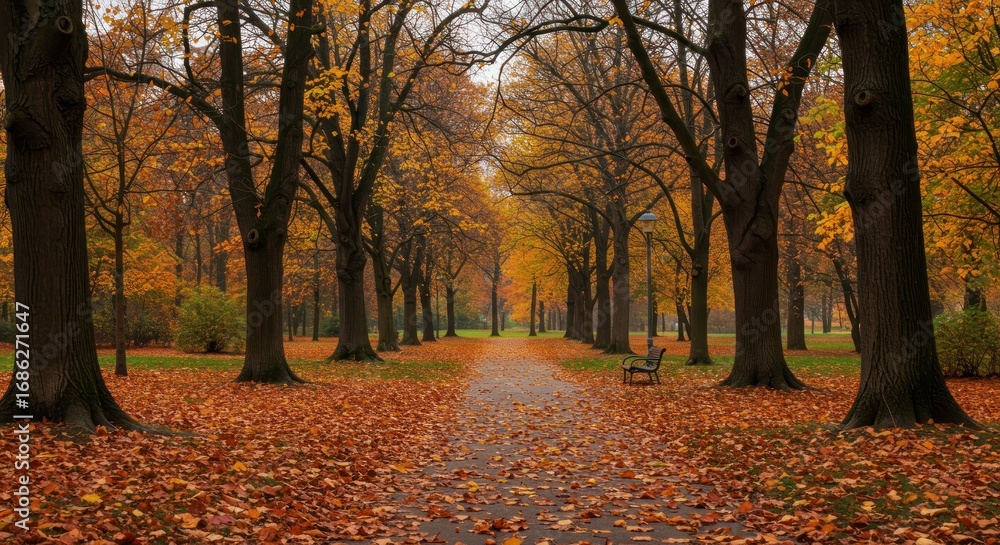 Fototapeta premium Autumn Scene A Pathway Through Golden Trees, Capturing the Essence of Fall in Nature