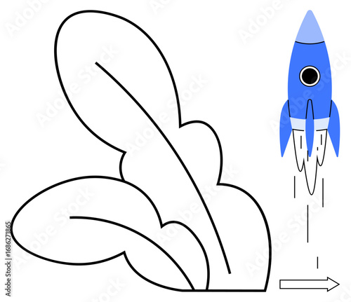Blue rocket launching upward alongside abstract leaf outline. Ideal for innovation, growth, success, eco-technology, startup, progress, sustainability. A simple flat metaphor