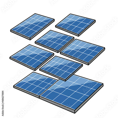 Illustration of seven rectangular solar panels arranged in an overlapping formation Each panel is blue with a grid