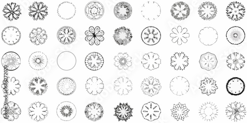 Collection of diverse stylized top view tree and floral illustrations in grayscale