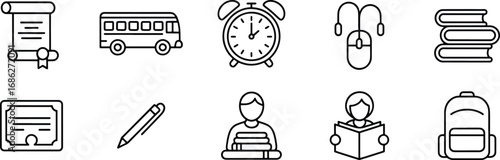 Collection of education and learning icons featuring scroll, bus, alarm clock, mouse, books, diploma, pen, and backpack isolated on white background