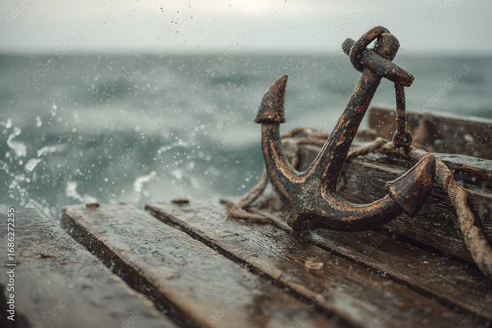 Obraz premium Weathered ship anchors resting on a rustic wooden pier with the sea in the background