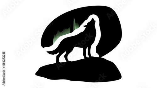 Silhouette of a wolf howling under the aurora borealis on a rock against a dark oval background
