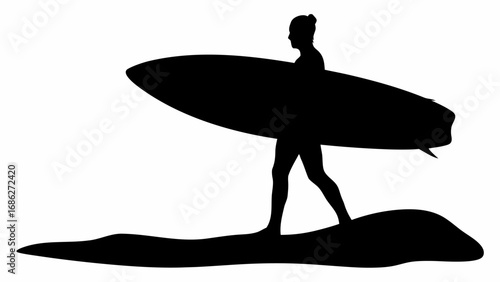Silhouette of woman carrying surfboard on beach walking towards the ocean on a sunny day at the beach