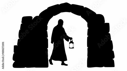 Silhouette of person in robe holding lantern walking through stone archway with dark shadows and white background