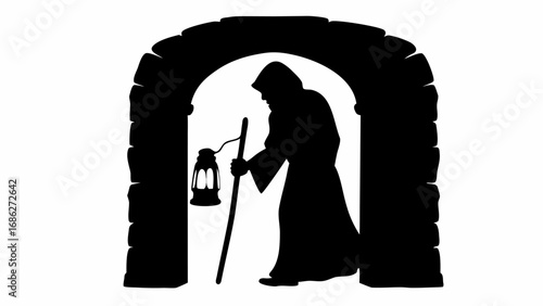 Silhouette of a hooded figure with a lantern and staff walking through a stone archway at night time