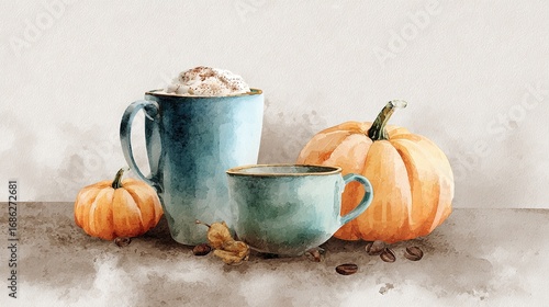 A cozy autumn scene featuring two turquoise mugs, pumpkin decor, and coffee beans, evoking warmth and seasonal enjoyment.