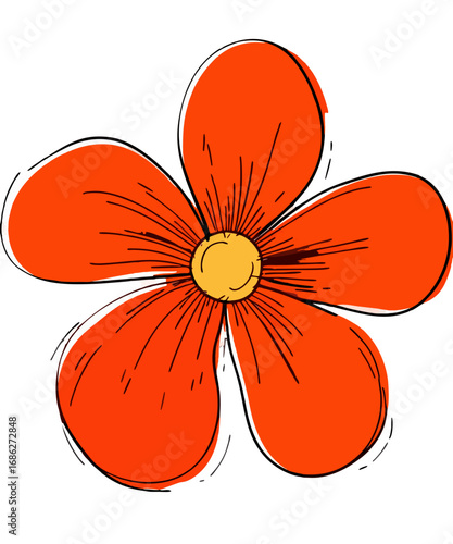 A vibrant hand drawn orange flower with a yellow center and black outlines isolated on transparent background