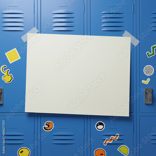 Blank Notice on Blue School Locker Decorated with Colorful Stickers