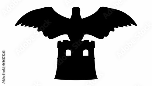 Silhouette of a bird with outstretched wings perched atop a small tower structure in black and white