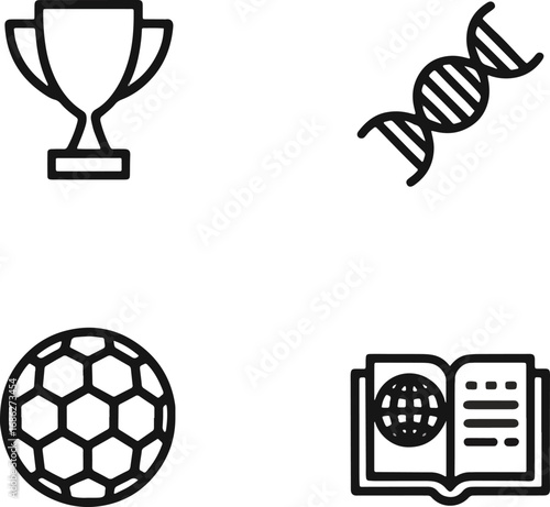 Four outline icons representing achievement, science, sports, and education, isolated on white background