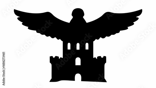 Silhouette of a castle with an eagle perched on top with its wings spread in a black and white image