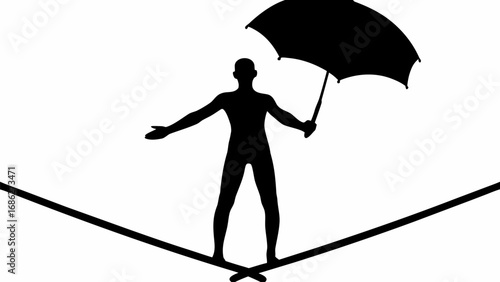 Silhouette of a person walking on a tightrope holding an umbrella above a crowd of people watching