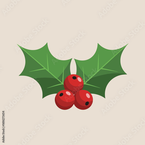 Vector art of a simple, stylized illustration of a sprig of holly with three red berries and green leaves, perfect for christmas and winter holiday designs
