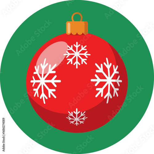 Vector art of a festive red christmas ornament with white snowflakes, hanging from a golden hook, set against a vibrant green circular background, symbolizing holiday cheer and winter celebration