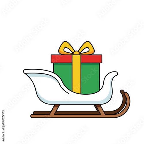 Vector art of a white christmas sleigh carrying a large green gift box with a red lid and yellow ribbon
