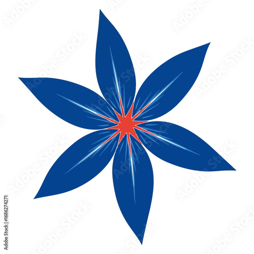 Vector art of a stylized blue flower with six petals and a red center, isolated on a