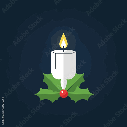 Vector art of a lit white candle with a sprig of holly and a red berry, set against a dark blue background with a circular, textured halo effect, evoking a festive and warm atmosphere