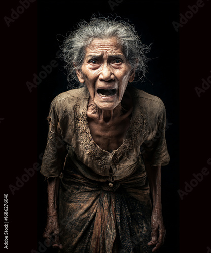 Angry South Eash Asian Senior Old lady Elderly with wrinkle face yelling open mouth gray hair