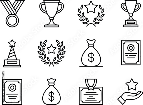 Set of award and recognition icons, featuring medals, trophies, certificates, stars, money bags, and laurel wreaths, isolated on white background