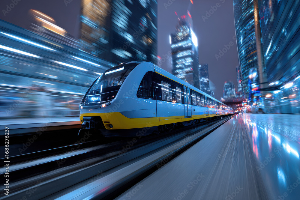 Fototapeta premium An electric train entering futuristic city station
