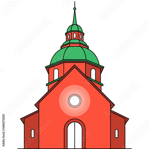 Illustration of a red church building with a green dome and steeple