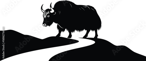 Silhouette of a yak standing a hill, creating a simple yet striking image of wildlife