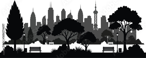 Silhouette of a city skyline with trees and benches in foreground, creating a peaceful urban scene