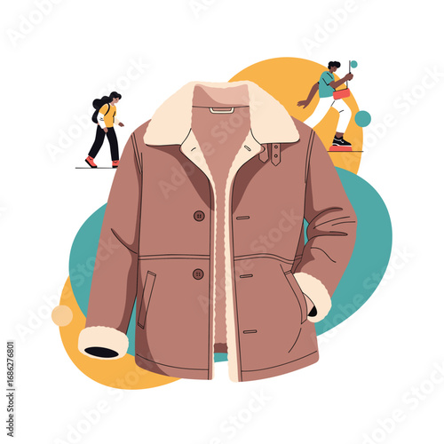 Stylish warm winter coat with people walking in a modern illustrated flat design style