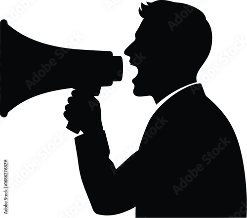 Silhouette of a man speaking into a megaphone, conveying a message with power and influence