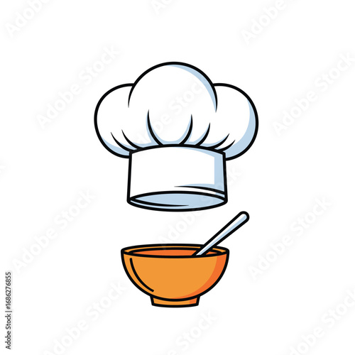 Chef's hat above bowl of soup with spoon, perfect for restaurant menus, cooking blogs