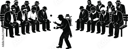 A juggler performing for a crowd, showcasing entertainment and skill in a vintage, monochrome illustration