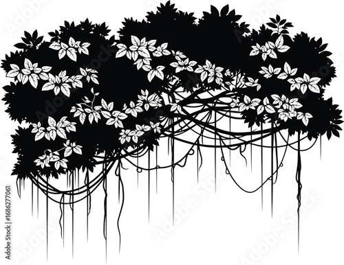 Silhouette of a tropical tree with vines and flowers, a vector illustration for decoration and design