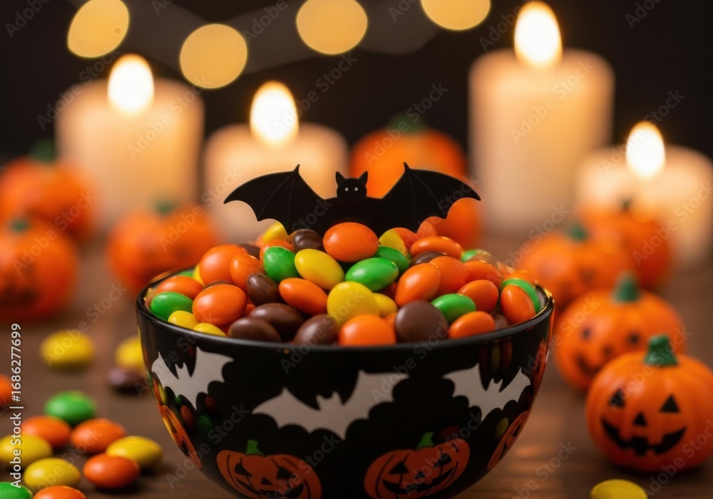 Naklejka premium A bowl of colorful halloween candy with a bat decoration sits in front of flickering candles and mini pumpkins