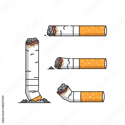 Cigarette stages showing burning, ash, and butt, ideal for health campaigns and anti-smoking messaging