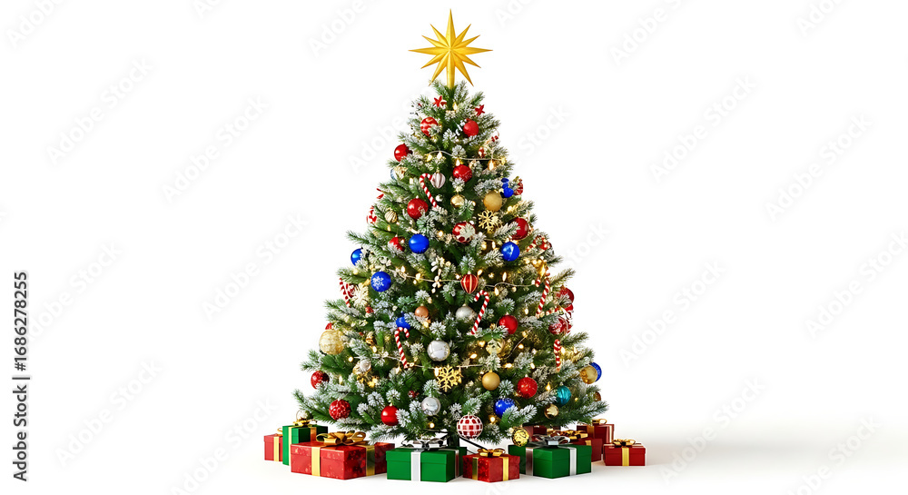 Naklejka premium Decorated christmas tree with star topper and gift boxes on a white background studio shot image scene