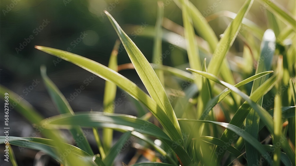 Obraz premium Close-Up of Fresh Spring Grass Leaves, Highlighting Delicate Details of Nature's Renewal and Growth