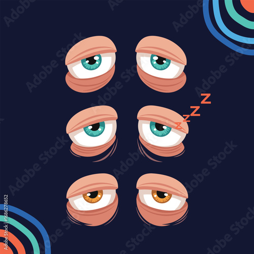 Tired cartoon eyes show fatigue and sleepiness in a modern, minimalist design for various uses