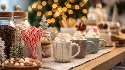 Festive Hot Cocoa Bar Setup with Mugs, Whipped Cream, and Candy Canes Against Blurred Christmas Tree