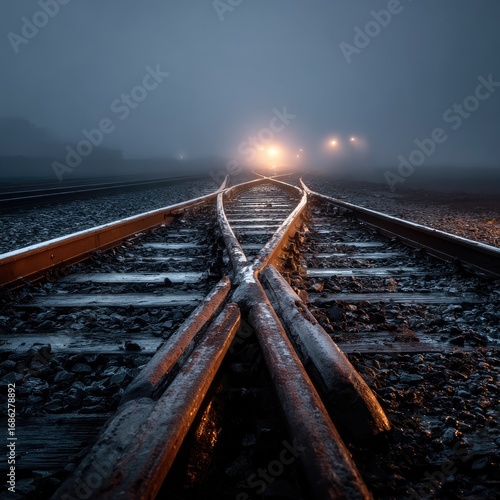 Foggy railway tracks meet at a crossroads
