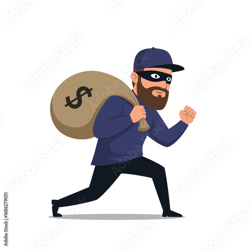 Masked thief running away with a bag of money representing financial crime and theft concept