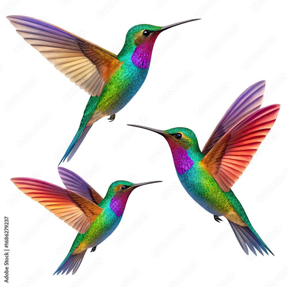 Fototapeta premium Three vibrant iridescent hummingbirds in flight with wings spread isolated on transparent background