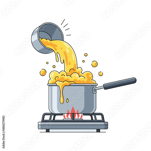 Cooking process illustration of pouring liquid into a pot with a stove for recipes and food preparation