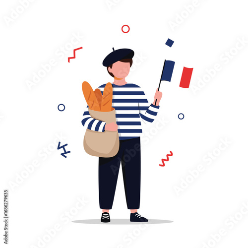 French man with baguettes and flag, perfect for travel, food, and culture themes
