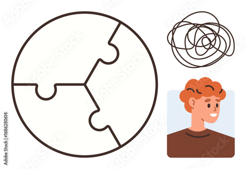 Circular puzzle symbolizing mental clarity, messy lines indicating confusion, and a person thinking. Ideal for psychology, problem-solving, decision-making, self-awareness, personal growth, mental