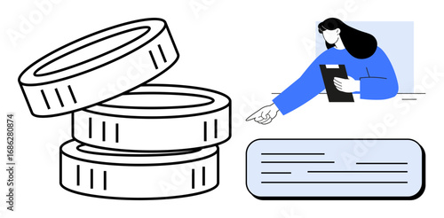 Stacked coins, woman holding clipboard suggesting plans, and a text block. Ideal for banking, investment, budgeting, accounting, strategy, consulting simple landing page