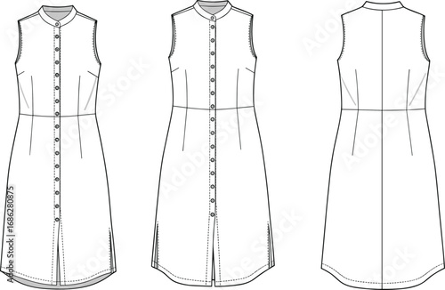 CAD drawing flat vector illustration of sleeveless shirt dress with button front closure, mandarin collar, curved hem, fashion template