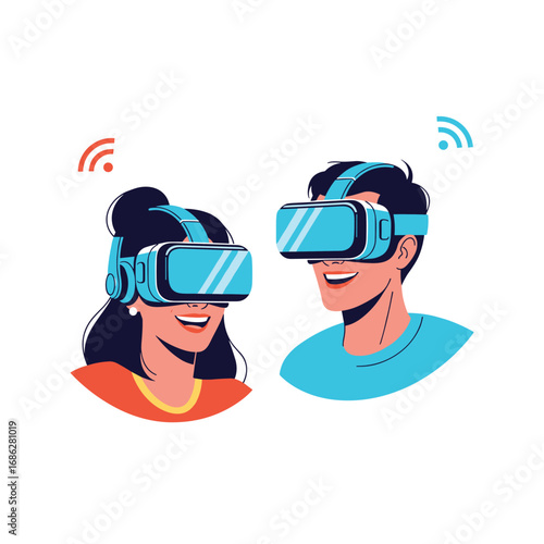 Happy couple experiencing virtual reality together, exploring new worlds with VR headsets