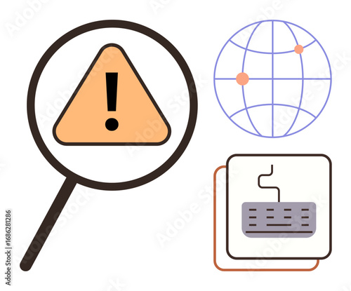 Magnifying glass highlights warning sign, placed near global network and keyboard icons. Ideal for cybersecurity, online threat, data risk, error detection, IT safety, internet monitoring, simple