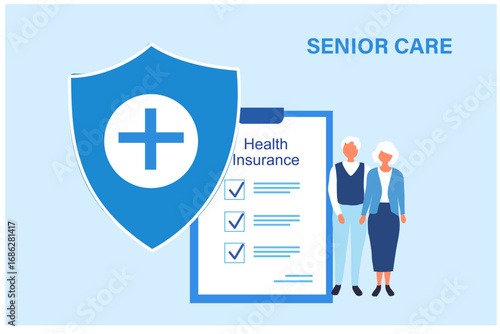 Senior health insurance concept, elderly on wheelchair buy medical and healthcare insurance for accident and health protection.